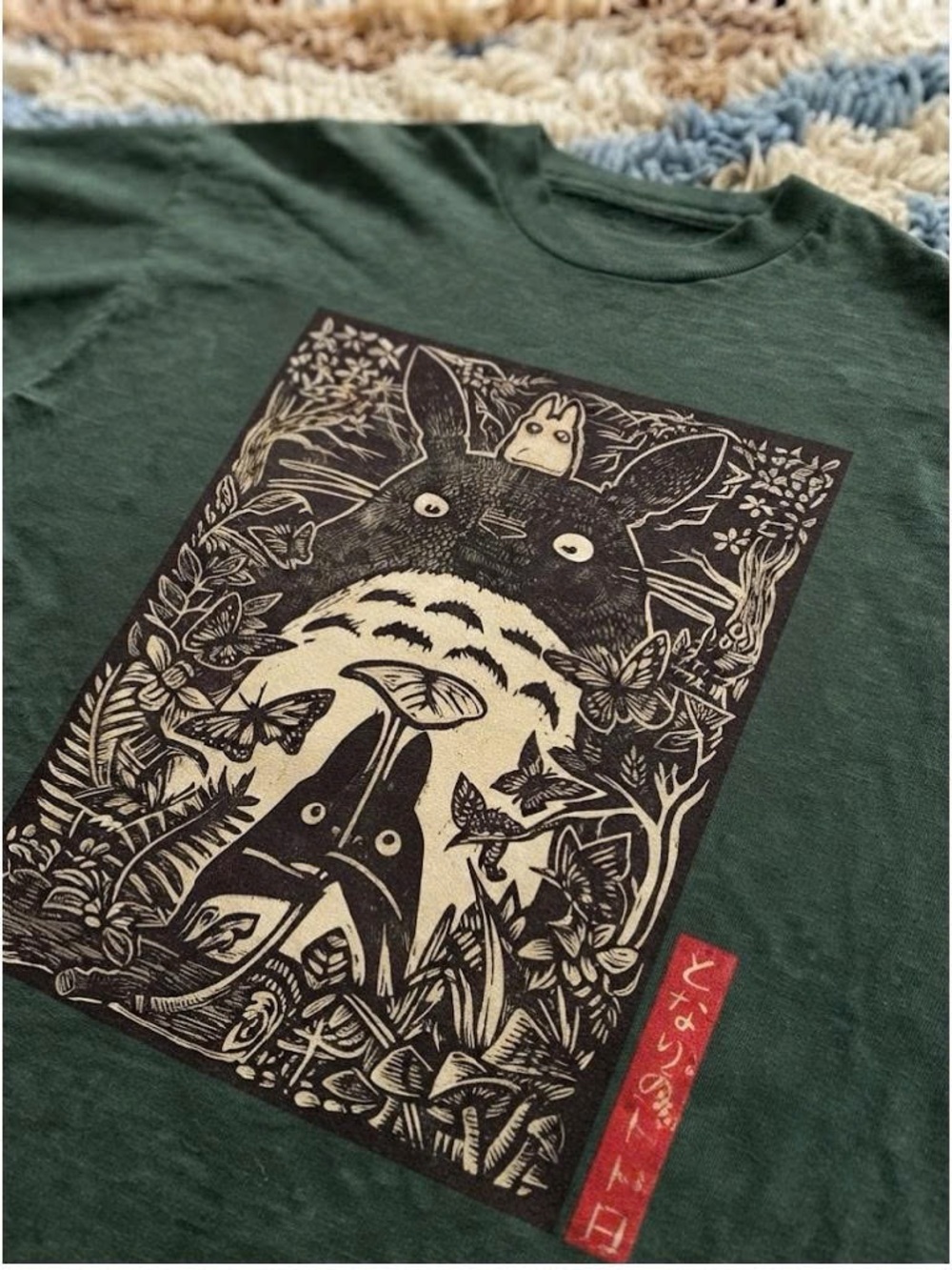 Dark Green Short Sleeve Totoro-Style Graphic Tee - Picture 2 of 3